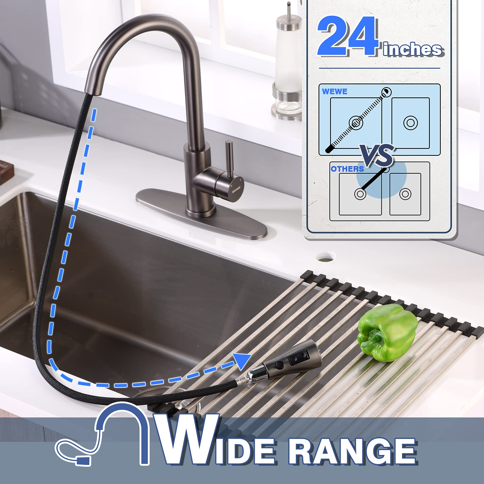 Black Stainless Kitchen Faucet with Pull Down Sprayer WEWE  Single Handle Commercial Modern RV Laundry Stainless Steel Sink Faucet
